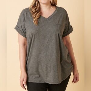 NWT Mittoshop PLUS + REG Size Charcoal Gray V-Neck Rolled Short Sleeve T-Shirt